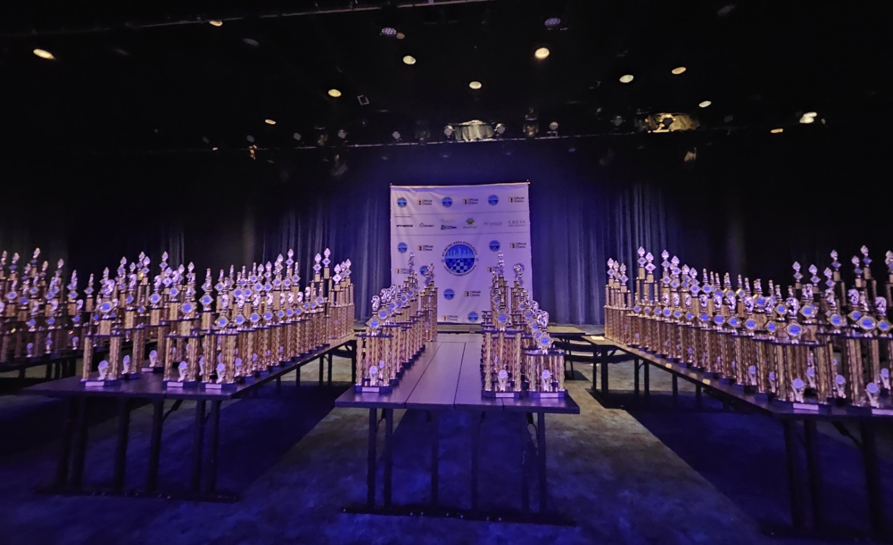 Rows of trophies ready for the awards ceremony